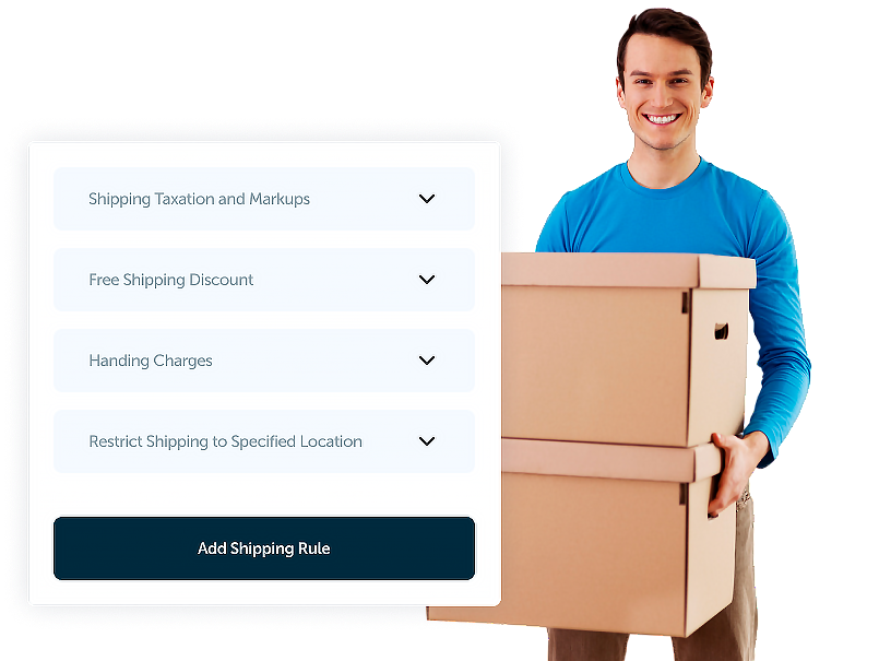 Man holding boxes with shipping options displayed