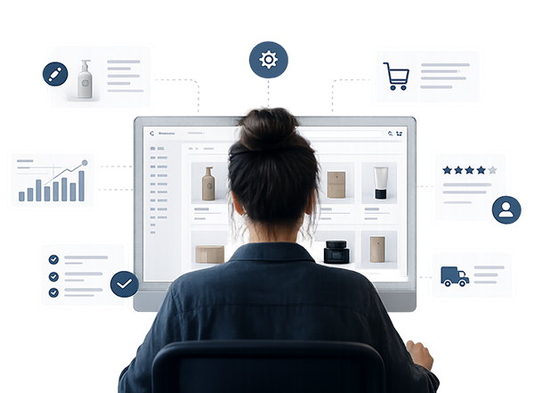 Woman working on computer with UI elements around